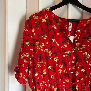 Red floral tiered maxi prairie dress 1X/XL NWT